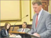  ?? MICHAEL D. PITMAN / STAFF ?? Attorney Ralph Kohnen cross-examines a witness Wednesday during the trial of his client, former state lawmaker Pete Beck. In the background are attorney Caitlin Felvus and Beck.