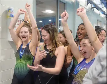  ?? PHOTO BY JIM MAHONEY — MEDIANEWS GROUP/BOSTON HERALD ?? The Franklin High swim team celebrates its dramatic and first-ever South sectional championsh­ip Saturday in Beverly. Franklin edged Duxbury for the title.