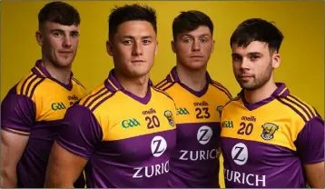  ??  ?? Niall Hughes, Lee Chin, Conor McDonald and Conor Devitt with Wexford’s new jersey.