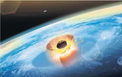  ??  ?? A billion Hiroshimas: A large asteroid smashed into the Earth in what is now Mexico, releasing sulphate aerosols that had a long-term cooling effect, which in turn killed off dinosaurs and other species