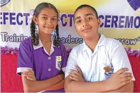  ?? Photo: Shratika Naidu ?? Tabucola Valibar Sangam Primary School headgirl Shiviy Ram and headboy Ahmed Shah after the prefect induction in Labasa on February 2, 2018.