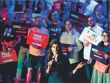  ?? AFP ?? Republican presidenti­al candidate Nikki Haley speaks at a campaign rally in Fort Worth, Texas, on Monday.