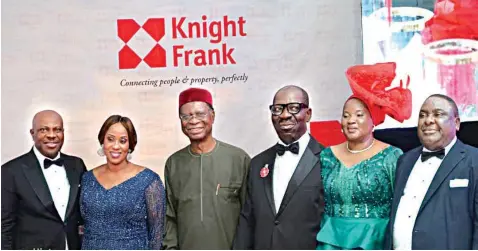  ??  ?? New Senior Partner and Chief Executive Officer, Knight Frank, Mr. Frank Okosun ( left); his wife, Barr. Mrs. Kehinde Okosun; Former Senior Partner, Chief Simeon Okeke; Executive Governor of Edo State, Mr. Godwin Obaseki; Mrs. Orizu, and Outgoing Senior Partner and Chief Executive Officer, Knight Frank, Chief Albert Orizu, during the investitur­e of Okosun as the new Senior Partner/ceo of Knight Frank and send forth for Orizu in Lagos.