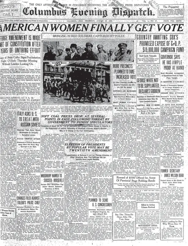  ?? DISPATCH FILE PHOTO ?? Columbus Evening Dispatch, Aug. 26, 1920, American women get the vote
