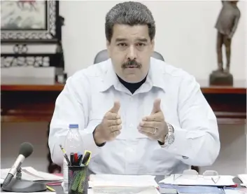  ??  ?? Venezuela’s President Nicolas Maduro speaks during a meeting with ministers at Miraflores Palace in Caracas.