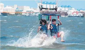 ?? MICHAEL ARES/BALTIMORE SUN ?? Jason McBride, left, and Kaine Anderson try out parasailin­g as they launch their Memorial Day celebratio­n Friday at Ocean City. The two are from Canton, Ohio.