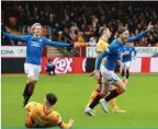  ?? ?? GLASGOW: Rangers’ Kieran Dowell celebrates his goal against Motherwell in the two teams’ Scottish Premiershi­p match on Sunday.