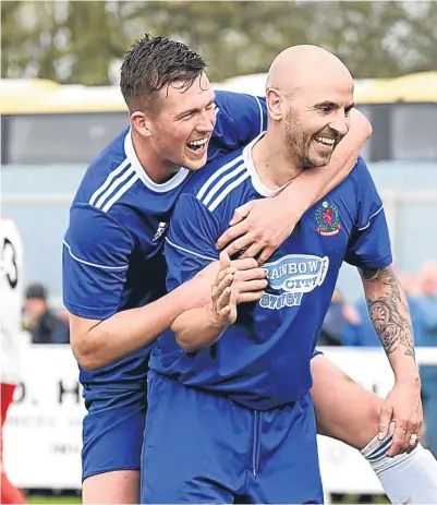  ?? Photograph­s by Kami Thomson ?? DOUBLE HELPING: Paul McManus, right, celebrates his second goal for Cove Rangers against Spartans with team-mate Jamie Masson at Harlaw Park on Saturday.