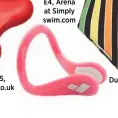  ??  ?? Nose clip, £4, Arena at Simply swim.com Dumbbells, £22, Speedo.com