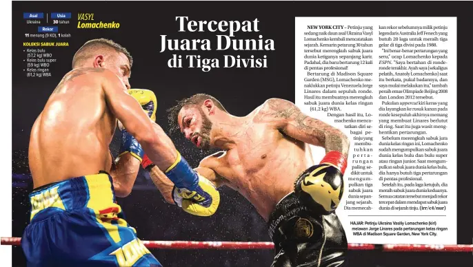  ?? KEVIN HAGEN/AP PHOTO ?? Asal Ukraina Rekor • Kelas bulu
(57,2 kg) WBO • Kelas bulu super
(59 kg) WBO • Kelas ringan
(61,2 kg) WBA Usia tahun HAJAR: Petinju Ukraina Vasiliy Lomachenko (kiri) melawan Jorge Linares pada pertarunga­n kelas ringan WBA di Madison Square Garden,...