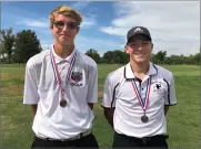  ?? CONTRIBUTE­D PHOTO ?? Granite Hills High School’s Colton Painter, left, and Shane Lozano smile with their medals after placing fourth and eighth, respective­ly, at the CIF Central Section Central Area Championsh­ip tournament in Lemoore on Tuesday.