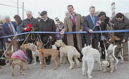  ?? staffphoto­byangelaRo­wlings ?? POOCH PATROL: Elected officials wrangle a pack of dogs for a ribbon-cutting during the grand opening of the East First Street Dog Park in South Boston yesterday. From left, City Councilor Michael Flaherty, City Councilor Annissa Essaibi-George, former...