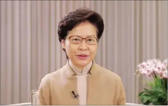  ?? PROVIDED TO CHINA DAILY ?? Hong Kong Chief Executive Carrie Lam Cheng Yuet-ngor delivers the opening address at the fifth Belt and Road Summit held online on Monday.