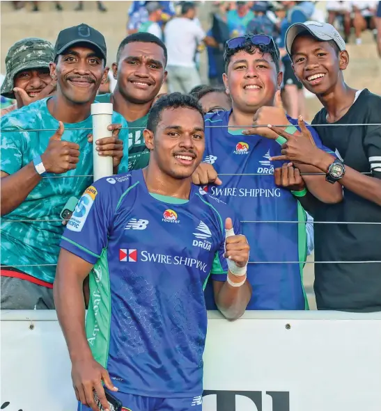  ?? Photo: Fijian Drua ?? Philip Baselala with fans on April 1, 2023.