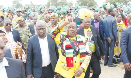  ?? — Picture: Justin Mutenda ?? President Emmerson Mnangagwa greets thousands of ZANU-PF supporters upon his arrival at Murombedzi growth point in Zvimba where he addressed a Thank You Rally yesterday.