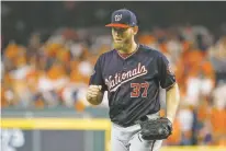  ?? MATT SLOCUM/ASSOCIATED PRESS ?? The Nationals’ starting pitcher Stephen Strasburg reacts after the Astros’ Michael Brantley grounded out to end the fifth inning of Game 6 of the World Series on Tuesday in Houston.