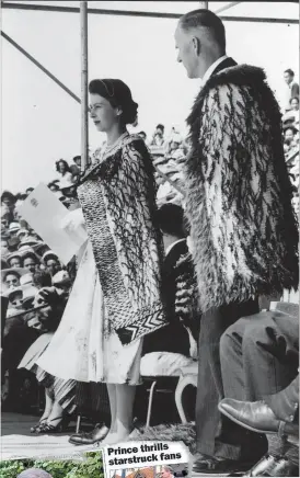  ??  ?? Right, Queen Elizabeth II speaks to the crowds at Arawa Park in Rotorua in 1954.
