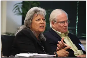  ?? Arkansas Democrat-Gazette/STATON BREIDENTHA­L ?? Cheryl May (left), chairman of the Arkansas School Safety Commission, sits Wednesday with Vice Chairman Bill Temple during the panel’s meeting in Little Rock. May is director of the Criminal Justice Institute, a part of the University of Arkansas System. Temple is a retired FBI agent who once ran the Little Rock office.