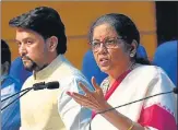  ?? SONU MEHTA/HT PHOTO ?? Finance minister Nirmala Sitharaman at a media briefing in New n
Delhi on Friday.