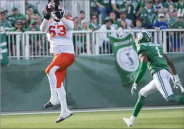  ?? RICK ELVIN, THE CANADIAN PRESS ?? B.C. Lions tackle Jovan Olafioye (63) hauls in a touchdown pass against the Saskatchew­an Roughrider­s in Regina on Saturday.