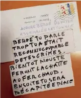  ??  ?? Balle adressée à Benoit Potterie. Courrier de menaces à Aurore Bergé.