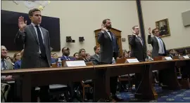  ?? ANNA MONEYMAKER — THE NEW YORK TIMES ?? Tech executives Adam Cohen of Google, left, Matt Perault of Facebook, Nate Sutton of Amazon and Kyle Andeer of Apple testified before a House committee last week.