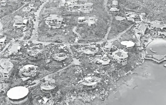  ?? CARIBBEAN BUZZ VIA AP ?? This aerial photo of the U.S. Virgin Islands provided by Caribbean Buzz shows the destructio­n left in the wake of Hurricane Irma on Friday, Sept. 8.