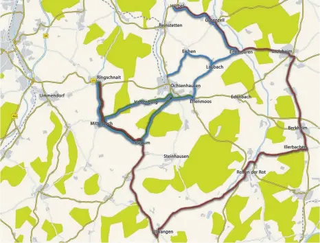  ?? GRAFIK: MICHELLE BARBIC/MAPS4NEWS ?? Auf diesen Umleitungs­strecken soll der überörtlic­he Verkehr in den nächsten Monaten Ochsenhaus­en umfahren. Die grüne Linie markiert die Umleitung im ersten Bauabschni­tt, die rote kommt beim zweiten Teil zum Tragen, die blaue beim dritten und letzten...