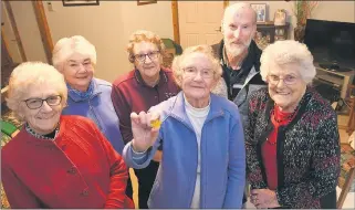  ??  ?? HOPE DESPITE DISBANDMEN­T: From left, June Jelly, Beryl Lampard, Elaine Shearwood, Fay Burge, Lance Duffield and Dawn Hobbs are the last members of Cancer Council Victoria Horsham unit, a volunteer group which has officially disbanded because of age and lack of members. Picture: PAUL CARRACHER