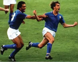  ??  ?? Marco Tardelli celebrates after scoring Italy’s second goal against West Germany in the final.