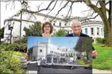  ?? PETER HVIZDAK / HEARST CONNECTICU­T MEDIA ?? Karen Jensen, director of the Blackstone Library in Branford and Andrew McKirdy, president of the library Board of Trustees, with an architectu­ral rendering of plans to renovate the new entryway addition to the library.