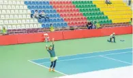  ?? – Supplied photo ?? HIGH SERVE: Oman’s Fatma Al Nabhani serves during her semifinal match against Turkey’s Ayla Aksu in the Islamic Solidarity Games in Baku, Azerbaijan on Sunday.