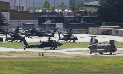  ?? Photograph: Yonhap/EPA ?? Military helicopter­s at US army base Camp Humphreys in Pyeongtaek, South Korea. North Korea has warned against the staging of summertime military exercises.