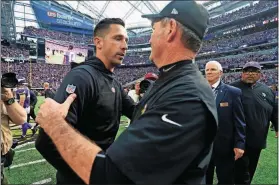  ??  ?? 49ers head coach Kyle Shanahan, left, greets Vikings head coach Mike Zimmer on Sept. 9 in Minneapoli­s. The Vikings won 24-16. [BRUCE KLUCKHOHN/THE ASSOCIATED PRESS]