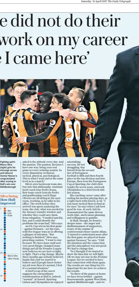  ??  ?? Fighting spirit: Marco Silva (right) gets his message across and (above) Oumar Niasse is congratula­ted after scoring in Hull’s win over Middlesbro­ugh