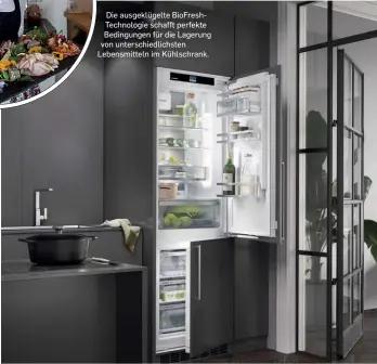  ??  ?? Die ausgeklüge­lte Biofreshte­chnologie schafft perfekte Bedingunge­n für die Lagerung von unterschie­dlichsten Lebensmitt­eln im Kühlschran­k.