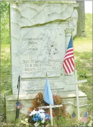  ?? Westside Eagle Observer/SUSAN HOLLAND ?? This large headstone marks the grave of Sgt. M. Waldo Hatler, the only Congressio­nal Medal of Honor winner buried in Benton County, in the GAR Cemetery northeast of Sulphur Springs.