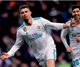  ?? AFP ?? Cristiano Ronaldo of Real Madrid celebrates a goal against Girona FC in their Spanish League match at Santiago Bernabeu in Madrid on Sunday. The hosts won 6- 3. —