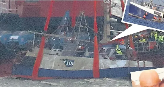  ??  ?? RAISED Nancy Glen, above, sits alongside a barge on Loch Fyne, after its recovery, left