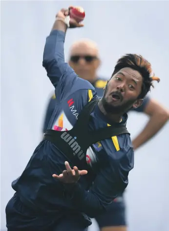  ?? AFP ?? Akila Dananjaya during a practice session at Pallekele Stadium ahead of the second Test in Kandy after umpires cast doubts over his action in the first Test, which England won comfortabl­y