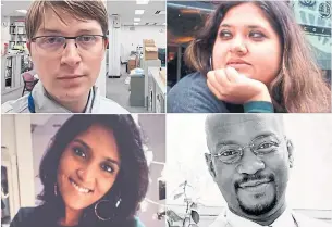  ??  ?? Clockwise from top left: Samuel Sudhof of Moeckmuehl, Germany; Shayoni Mehta of Pune, India; Axel N’ZI of Abidjan, Ivory Coast; and Krishilla Devi Thivyakuma­r in Malaysia spoke about their lockdown experience­s. Some COVID-19 measures are more strict than in Canada.