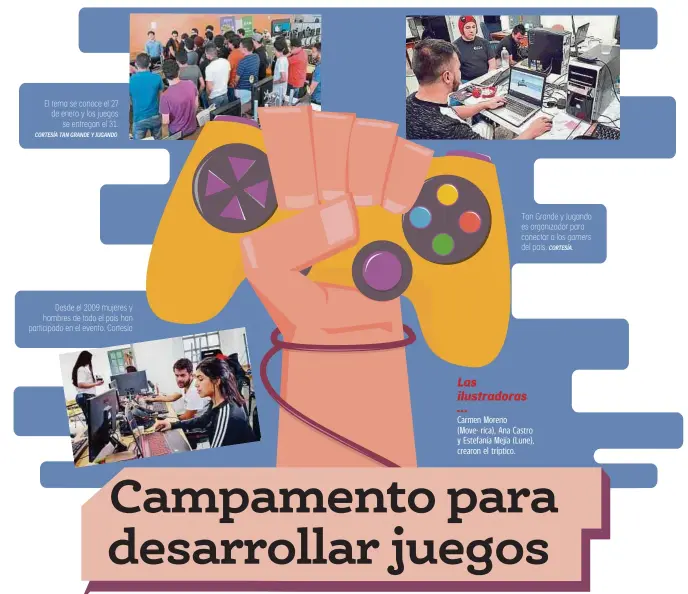  ??  ?? El tema se conoce el 27 de enero y los juegos se entregan el 31. CORTESÍA TAN GRANDE Y JUGANDO
Desde el 2009 mujeres y hombres de todo el país han participad­o en el evento. Cortesía
Tan Grande y Jugando es organizado­r para conectar a los gamers del país. CORTESÍA.
Carmen Moreno (Move- rica), Ana Castro y Estefanía Mejía (Lune), crearon el tríptico.