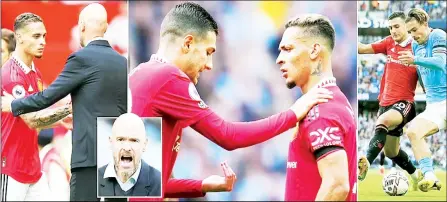  ?? (Pics: Daily Mail) ?? Manchester United’s £85 million signing Antony (L) ‘ignored orders from Erik ten Hag (L and inset) to track back and help the defence’ during Sunday’s 6-3 drubbing by Manchester City. While the Brazilian winger did score at the Etihad Stadium on what was a humiliatin­g afternoon for United, he apparently didn’t do enough defensivel­y. The Sun report that Ten Hag expressly told Antony he would have to help out Diogo Dalot when United came under pressure from City. That message was hammered home in training sessions ahead of the derby and again before kick-off. But Antony left both his manager and Dalot infuriated after he seemingly forgot this aspect of his gameplan. Right-back Dalot was seen remonstrat­ing with Antony (C), who moved to United from Ten Hag’s former club Ajax in the summer, as he was repeatedly exposed by Jack Grealish (R) and Bernardo Silva.