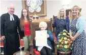  ??  ?? Celebratio­n Dr Lisa Cameron MP presents 101-year-old Susan Whitehead with her Early Day Motion