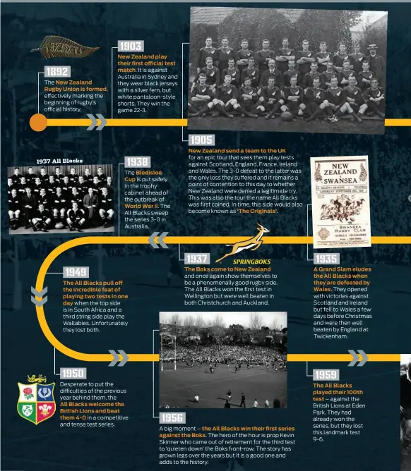  ??  ?? 1892 The New Zealand Rugby Union is formed, e ectively marking the beginning of rugby’s o cial history. 1937 All Blacks 1949 1950 1903 New Zealand play their first o cial test match. It is against Australia in Sydney and they wear black jerseys with a...