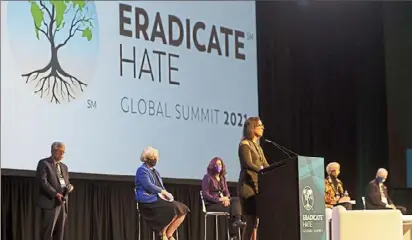  ?? Post-Gazette ?? Michelle Rosenthal, the sister of Cecil and David Rosenthal who were murdered at the Tree of Life shooting, speaks during the Eradicate Hate Global Summit.