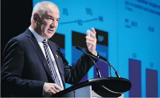  ?? JEFF MCINTOSH/THE CANADIAN PRESS ?? Steve Williams addresses Suncor’s annual meeting in Calgary on Wednesday: “I don’t think in the last five years I’ve had a higher degree of confidence that these lines are going to be built.”
