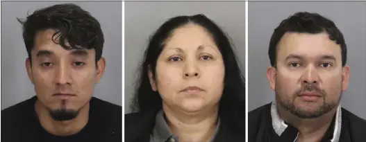  ?? SAN JOSE POLICE DEPARTMENT VIA AP ?? The three suspects arrested by San Jose police in connection with Monday's kidnapping of a 3-month-old baby are, from left, Jose Roman Portillo, Yesenia Guadalupe Ramirez and Baldomeo Sandoval. All are San Jose residents.