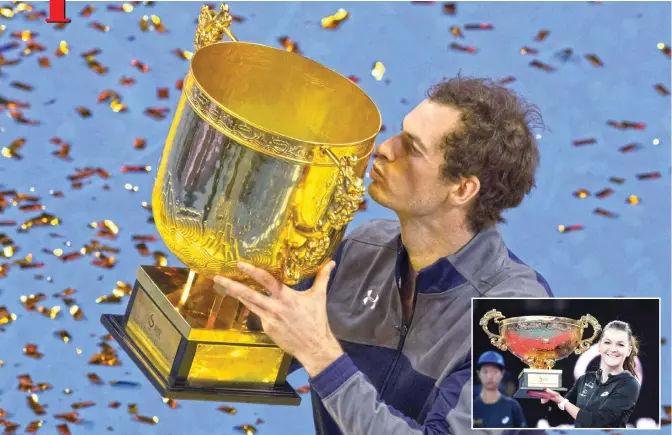  ?? — AP /AFP ?? BEIJING: Andy Murray of Britain kisses his trophy after defeating Grigor Dimitrov of Bulgaria in the men’s singles final match at the China Open tennis tournament in Beijing, yesterday. (Inset) Agnieszka Radwanska of Poland poses with her trophy after beating Johanna Konta of Britain during the women’s singles final of the China Open tennis tournament in Beijing yesterday.