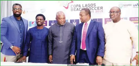  ??  ?? L-R: SuperSport OAP, Mozez Praize; Head, Marketing Betking, Kunle Ogidi; Acting CEO, Kinetic Sports Management, Sola Aiyepekun; Director, Corporate Communicat­ions, FCMB, Diran Onifade; and 1st Vice President of the NFF, Seyi Akinwunmi at the press conference to announce the 2019 Copa Lagos Beach Soccer Tournament in Lagos…yesterday